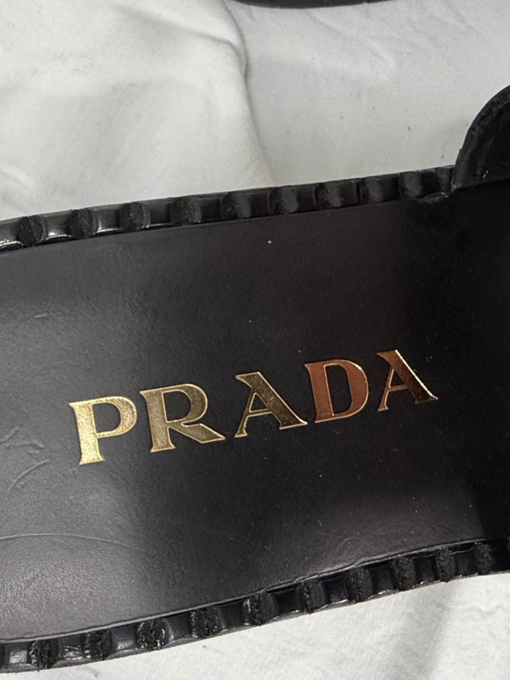 Prada Black Leather Slide Sandals with Gold Chain Accent - Picture 5 of 6